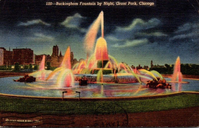 Illinois Chicago Buckingham Fountain By Night 1975 Curteich