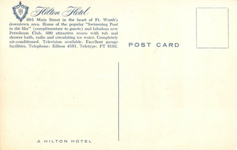 Fort Worth, Texas HILTON HOTEL Street Scene c1950s Vintage Postcard