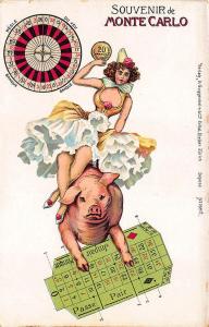 Souvenir Monte Carlo Beautiful Woman Riding Pig Signed Artelier Postcard