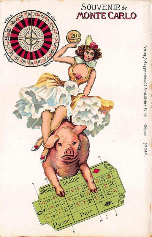 Souvenir Monte Carlo Beautiful Woman Riding Pig Signed Artelier Postcard