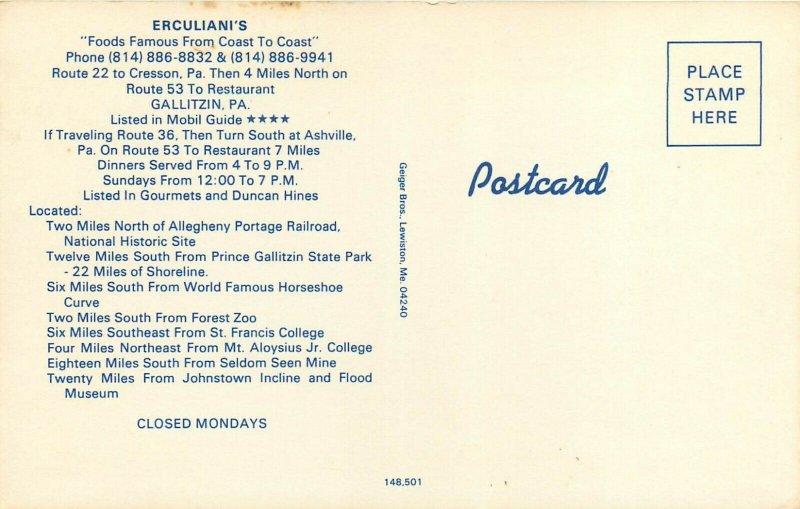 Erculiani's Restaurant Gallitzin PA Pennsylvania Postcard