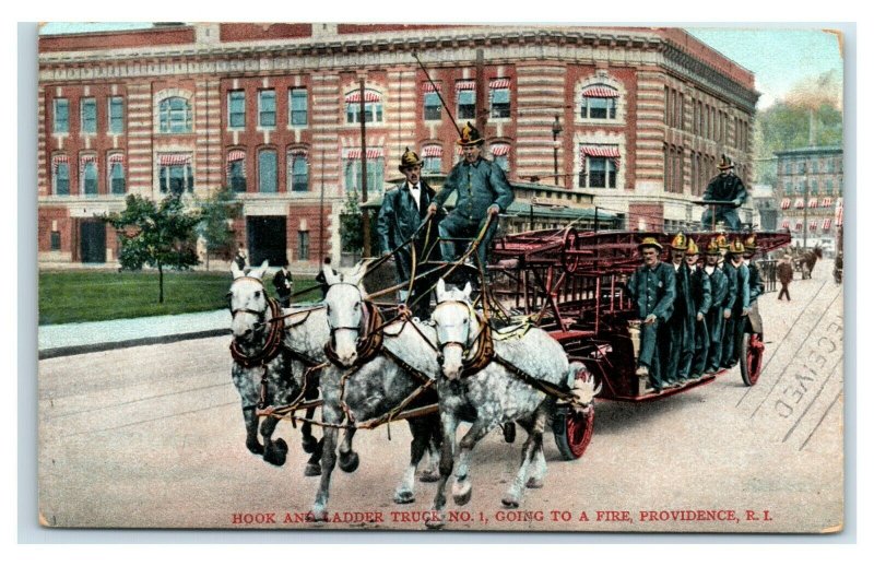 Postcard Hook and Ladder Truck #1, Going to a Fire, Providence RI 1907 Y65