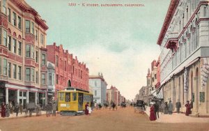 SACRAMENTO, CA California  K STREET SCENE  Women~Child~Trolley  c1910's Postcard