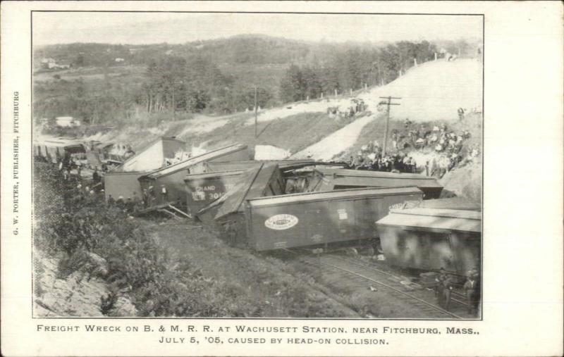 Freight Wreck RR Train B&M at Wchusett Station Near Fitchburg MA 1905 Postcard