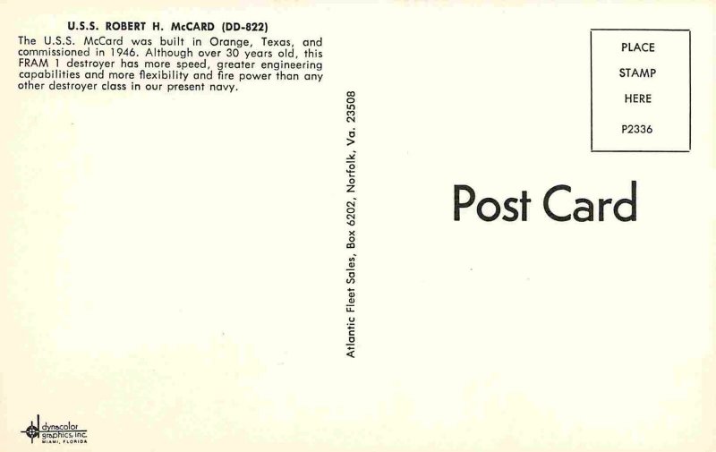 USS Robert H McCard DD-822 Destroyer FRAM 1 US Navy Ship postcard