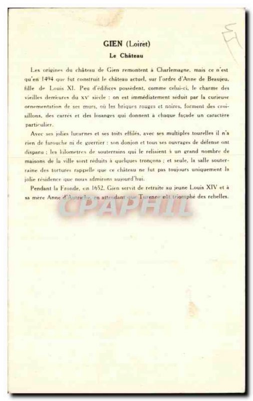 Old Postcard Gien Le Chateau