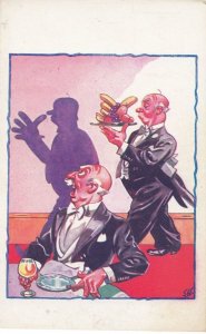 Bowl Of Fruit In Rude Shape Carried By Alfred Hitchcock Lookalike Comic Postcard