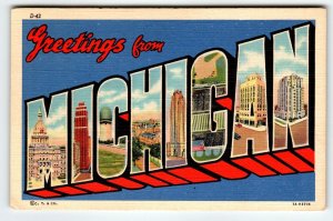 Greetings From Michigan Large Big Letter State Postcard Linen 1940 Curt Teich