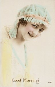 'Good Morning' Young Woman Smiling Hand Coloured Unused RPPC Postcard F56