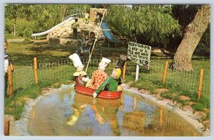 STORY BOOK ISLAND RAPID CITY SD 3 MEN IN A TUB AMUSEMENT PARK VINTAGE POSTCARD