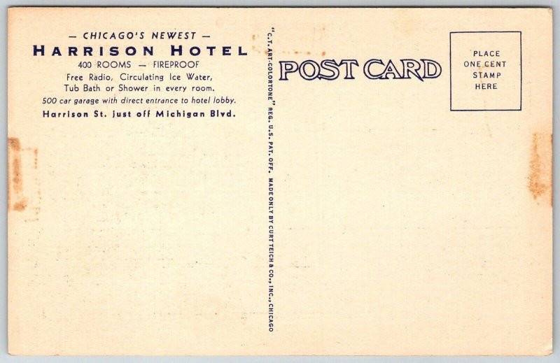 Chicago Illinois 1940s Postcard Harrison Hotel Map