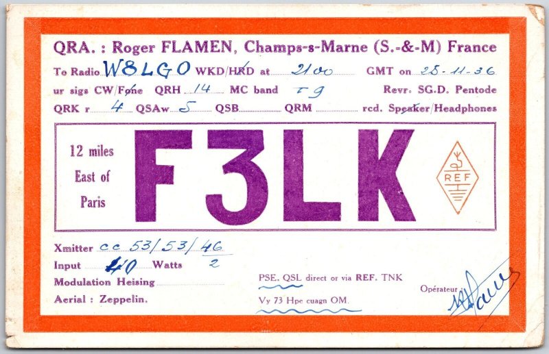 QSL Radio Card F3LK Champs-s-Marne France Amateur Radio Station Postcard