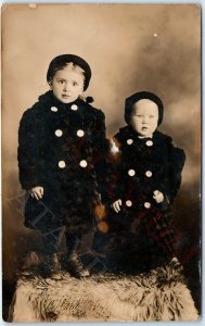 c1910s Adorable Little Boy & Girl RPPC Children Siblings Photo Winter Coats A159