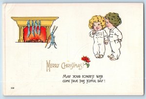 Christmas Postcard Children Hanging Stockings Fireplace Embossed c1910's Antique