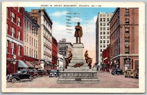 Atlanta Georgia 1941 Postcard Henry W. Grady Monument Cars Stores