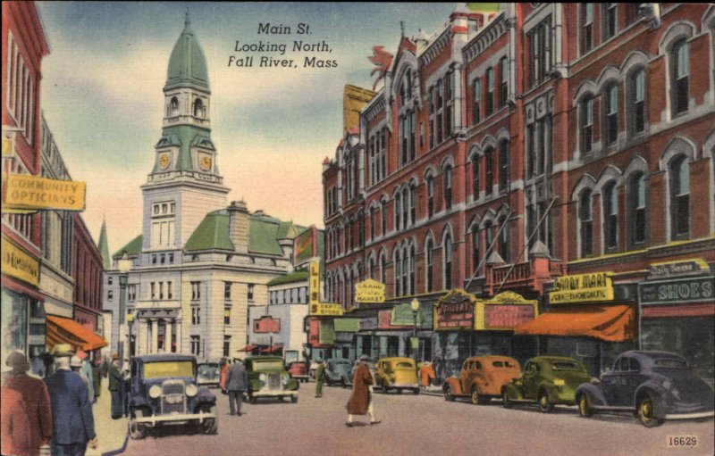 Fall River Mass MA Main Street Scene Linen Vintage Postcard