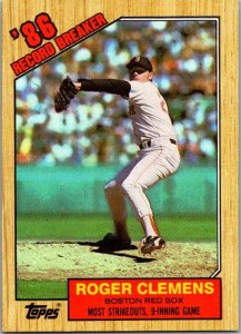 1987 Topps Baseball Card '86 Record Breaker Roger Clemens Boston Red Sox...