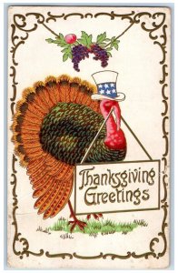 1908 Thanksgiving Greetings Anthropomorphic Turkey Banner Hat Embossed Postcard 