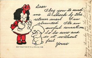 I BEG YOU TO SEND ME A CHECK COMIC POSTCARD c1906 BY R.L. WELLS