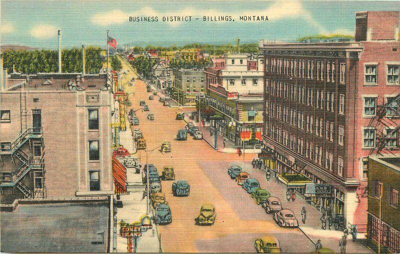 Autos Birdseye Billings Montana Postcard Business District linen 607