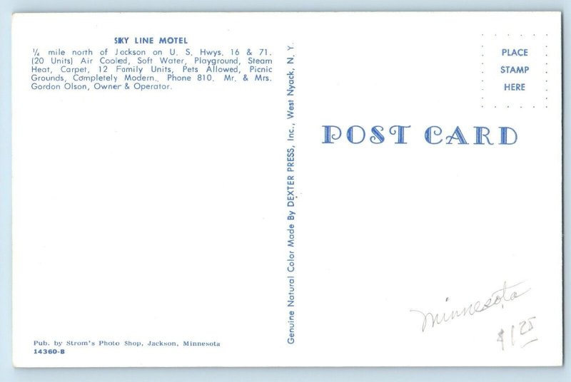 Jackson Minnesota Postcard Silky Line Motel Roadside View Building 1960 Unposted