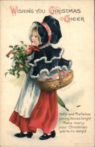 Christmas Girl Basket of Goods Big Bonnet CLAPSADDLE Vintage Postcard