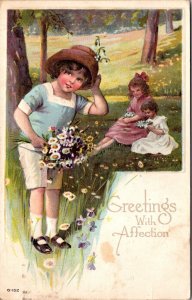 Greetings with Affection Postcard Children Picking Daisy Flowers in a Field