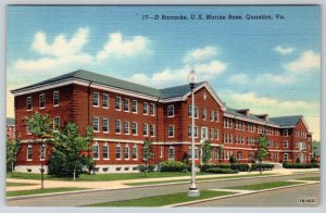 1940's WWII D BARRACKS US MARINE BASE QUANTICO VIRGINIA VINTAGE LINEN POSTCARD