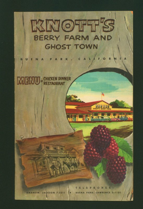 1960's Knott's Berry Farm & Ghost Town CA Chicken Dinner Restaurant Menu & Guide 