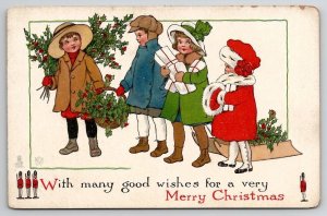 Christmas Joy Children with Holly And Gifts Tuck Series 543 Postcard U26