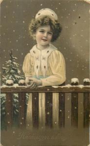 Hungary Christmas greetings vintage postcard winter fantasy cute girl