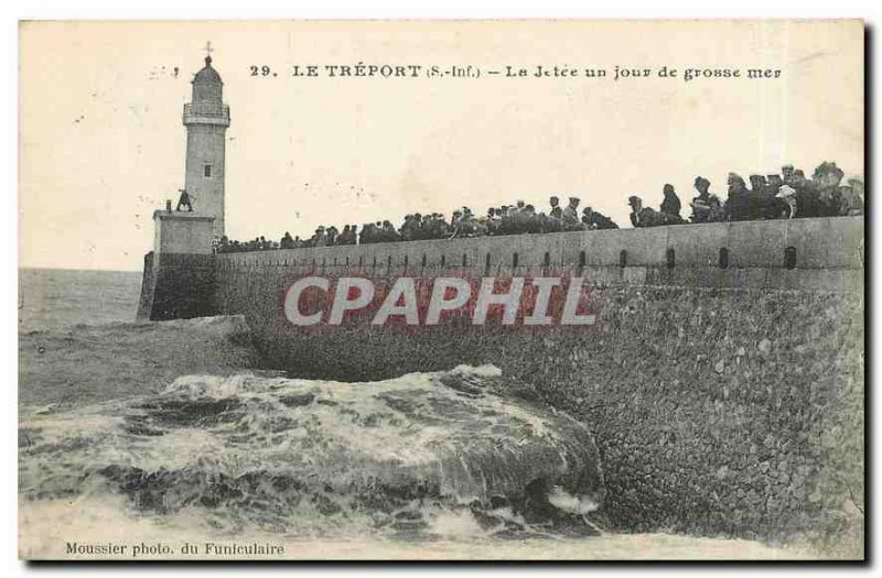 Old Postcard Treport S Inf La Jetee one day big sea Lighthouse