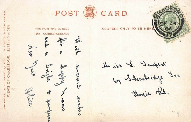 CAMBRIDGE ENGLAND~ON THE RIVER CAM~1906 PSMK HILDESHEIMER PUBL POSTCARD