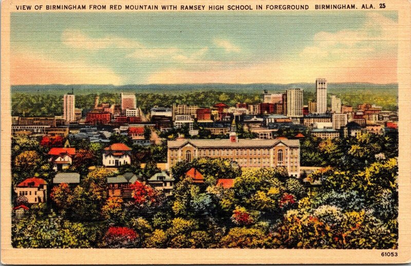 Ramsey High School Red Mountain View Birmingham Alabama Linen Postcard 