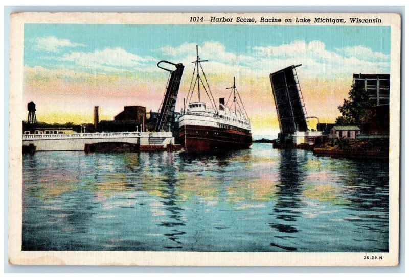 c1940's Harbor Scene Racine Lake River Passenger Boat Ship Michigan WI Postcard