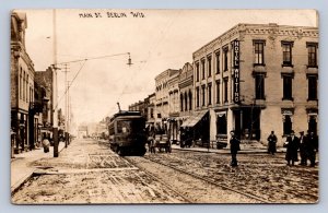 J90/ Berlin Wisconsin RPPC Postcard c1910 Main Street Stores Trolley 105