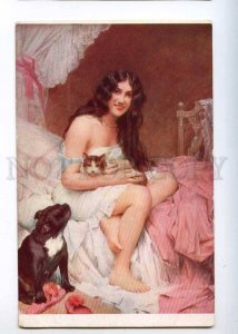 226599 BELLE Lady & FRENCH BULLDOG & CAT by COMERRE vintage PC