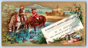 1880-90's VICTORIAN CHRISTMAS TRADE CARD M H SHUTE PRINCETON ST BOSTON MA HORSES