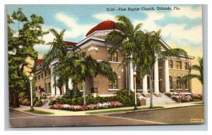 Vintage 1940's Postcard First Baptist Church Building Palm Trees Orlando Florida