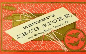 1880's Heitshu's Drug Store, Lancaster, PA Night Calls Graphic Trade Card F103