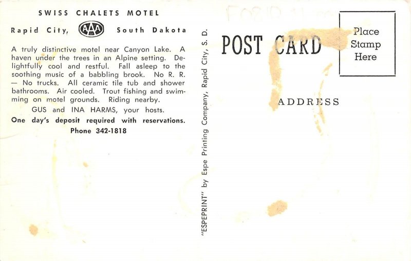 Rapid City South Dakota 1950s Postcard Swiss Chalets Motel