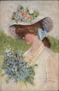 Pretty Young Woman w Flowers IMPRESSIONISM A/S Helina c1910 Postcard