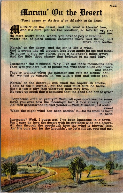 Mornin' on the Desert Poem publ Tucson AZ Linen Postcard unused 1930s/40s