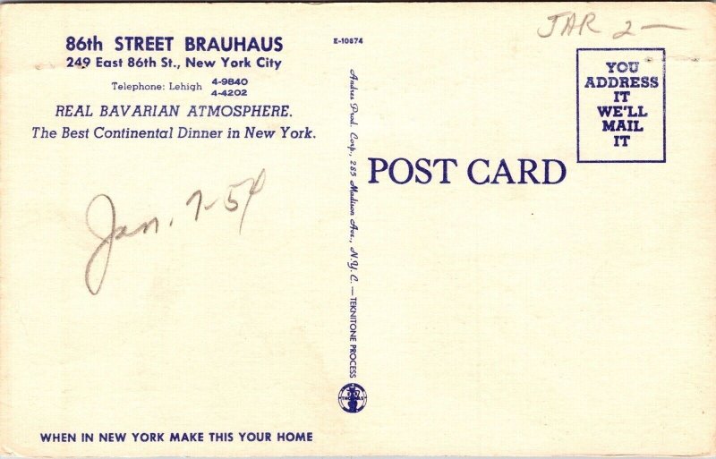 Greetings 86th Street Brauhaus Restaurant New York City New York Chrome Postcard 