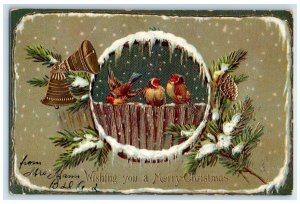 1906 Christmas Song Birds Bells Pine Cone Snowfall Silver Creek NY Postcard