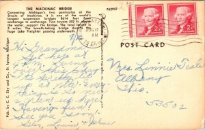 Mackinac Bridge Michigan Postcard PM St Ignace MI Cancel WOB Note VTG Vintage 