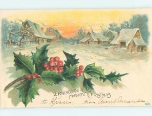 Pre-1907 christmas SUNSET OVER VILLAGE OF SNOW-COVERED HOUSES HQ6100