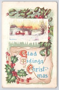 Christmas Glad Tidings~Sunset & Country Home In Icy Frame~Holly~Gold~Emb~Vtg PC