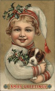 Christmas Little Boy with Adorable Puppy Dog c1910 Vintage Postcard