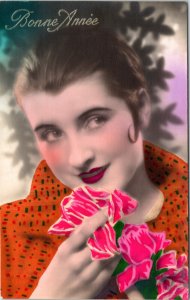 Postcard New Year Bonne Anee Woman Flower Orange Blouse P.I.A. 1526 tinted